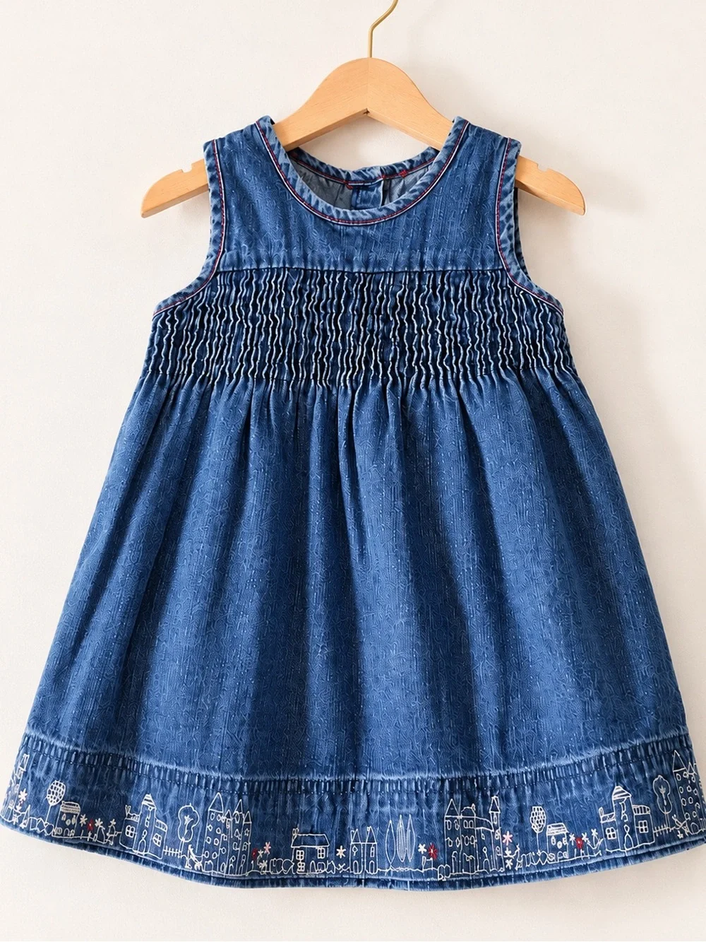 Vintage OshKosh Denim Dress 18M Smocked Embroidered City Skyline Hem 90s